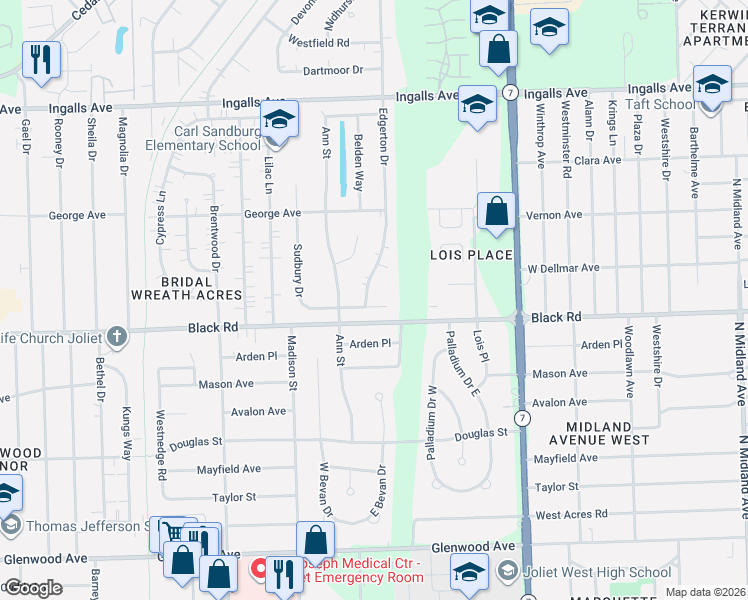 map of restaurants, bars, coffee shops, grocery stores, and more near 2005 Sudbury Drive in Joliet