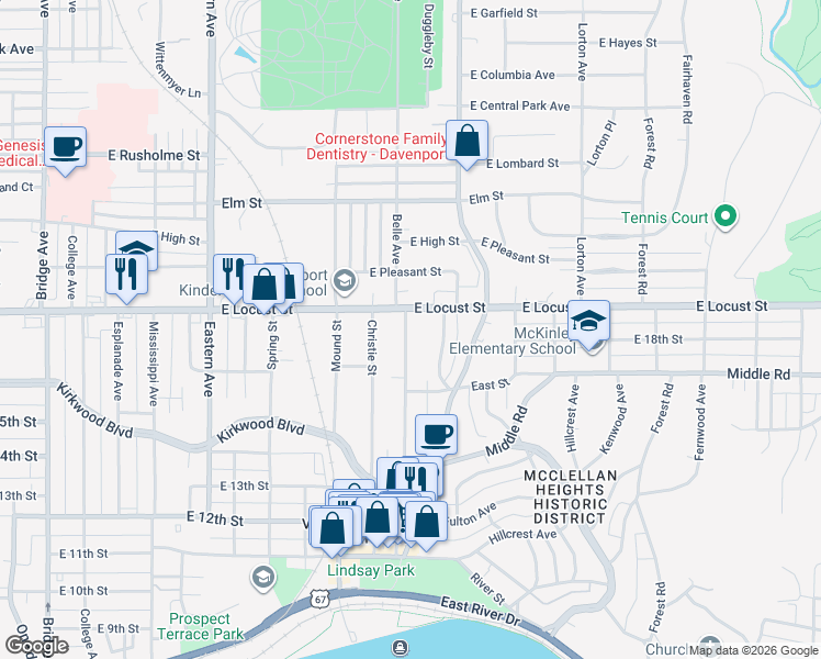 map of restaurants, bars, coffee shops, grocery stores, and more near 1803 Belle Avenue in Davenport