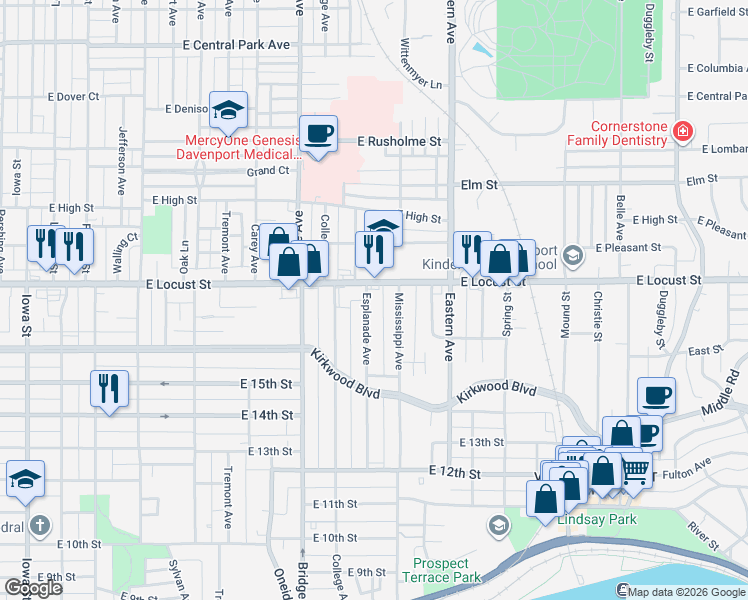 map of restaurants, bars, coffee shops, grocery stores, and more near 1807 Esplanade Avenue in Davenport
