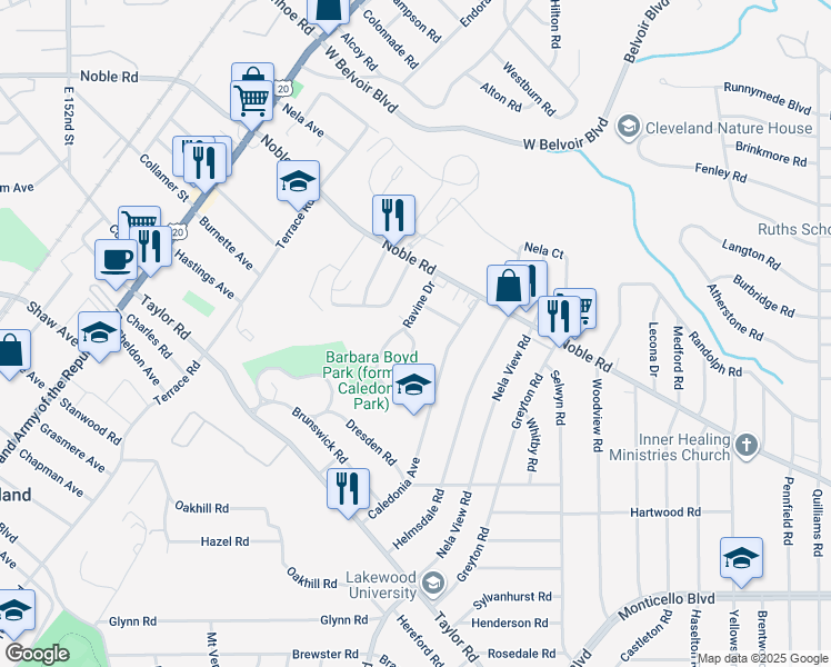 map of restaurants, bars, coffee shops, grocery stores, and more near 15962 Ravine Drive in East Cleveland