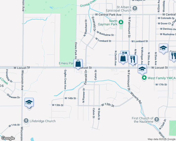 map of restaurants, bars, coffee shops, grocery stores, and more near 4307 Locust Street in Davenport