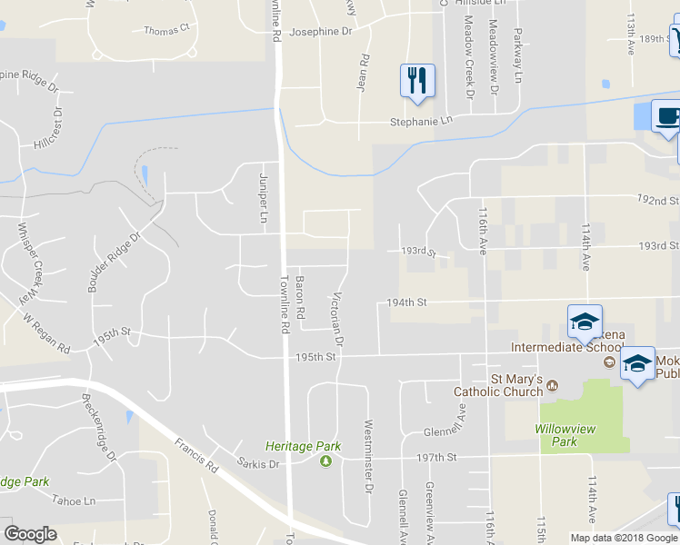 map of restaurants, bars, coffee shops, grocery stores, and more near 19364 Victorian Drive in Mokena