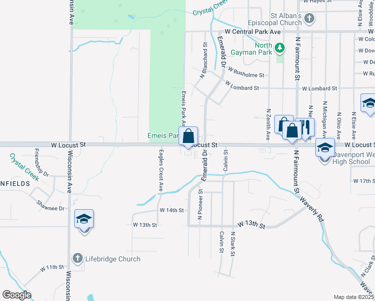 map of restaurants, bars, coffee shops, grocery stores, and more near 4425 West Locust Street in Davenport