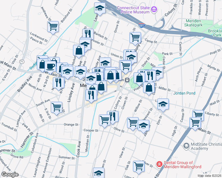 map of restaurants, bars, coffee shops, grocery stores, and more near 32 West Main Street in Meriden