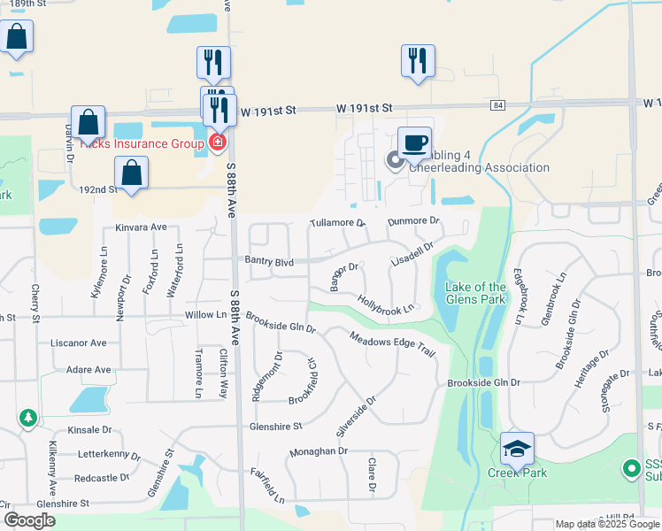 map of restaurants, bars, coffee shops, grocery stores, and more near 8610 Bangor Drive in Tinley Park