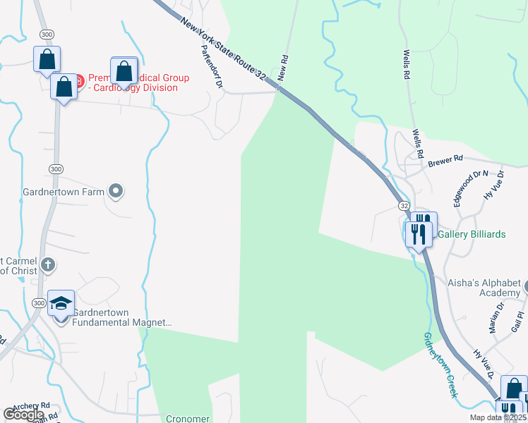 map of restaurants, bars, coffee shops, grocery stores, and more near North Plank Road in Newburgh