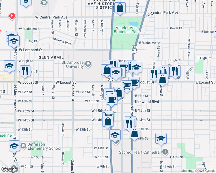 map of restaurants, bars, coffee shops, grocery stores, and more near 303 West Locust Street in Davenport