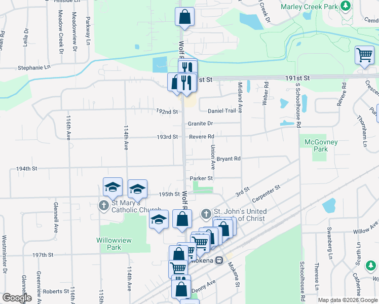 map of restaurants, bars, coffee shops, grocery stores, and more near 19325 Wolf Rd in Mokena