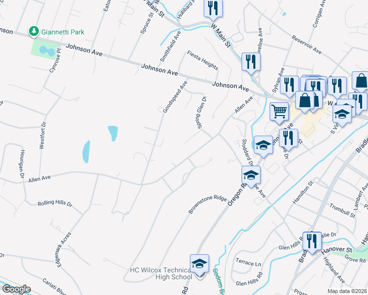 map of restaurants, bars, coffee shops, grocery stores, and more near 54 Rem Drive in Meriden