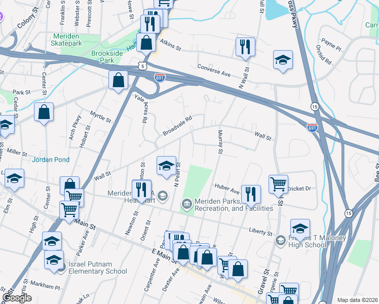 map of restaurants, bars, coffee shops, grocery stores, and more near 45 Parkside Terrace in Meriden