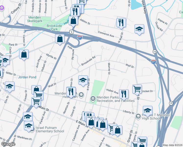map of restaurants, bars, coffee shops, grocery stores, and more near 45 Parkside Terrace in Meriden