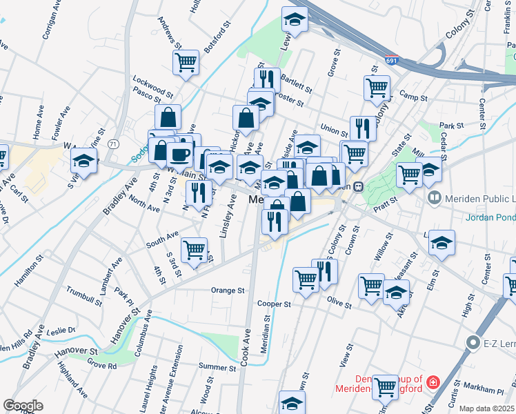 map of restaurants, bars, coffee shops, grocery stores, and more near in Meriden