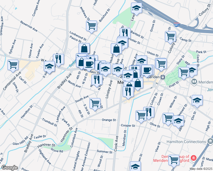 map of restaurants, bars, coffee shops, grocery stores, and more near 27 Linsley Avenue in Meriden