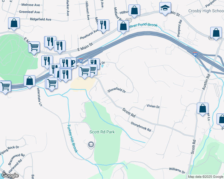 map of restaurants, bars, coffee shops, grocery stores, and more near 219 Scott Road in Waterbury