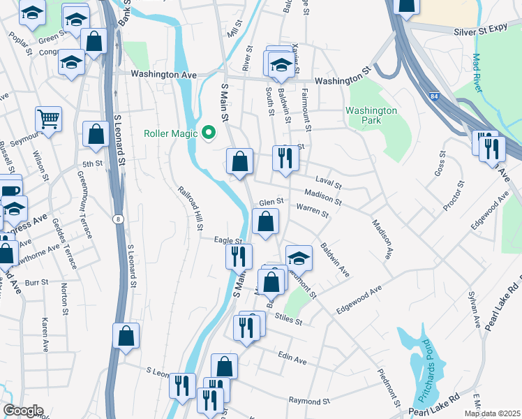 map of restaurants, bars, coffee shops, grocery stores, and more near 9 Piedmont Street in Waterbury