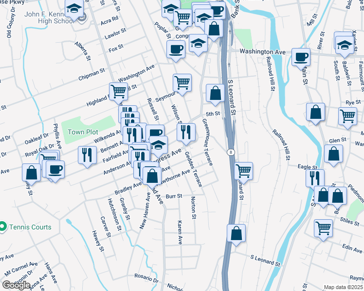 map of restaurants, bars, coffee shops, grocery stores, and more near 1448 Bank Street in Waterbury