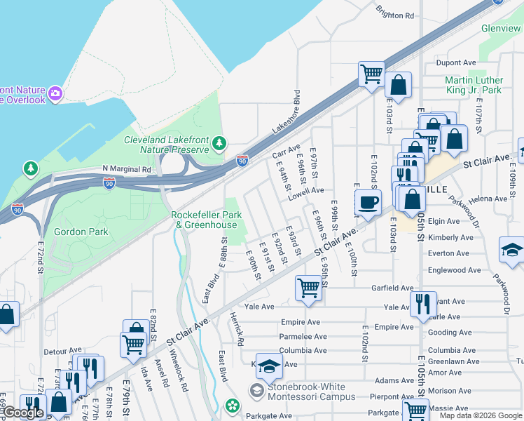 map of restaurants, bars, coffee shops, grocery stores, and more near 676 East 92nd Street in Cleveland