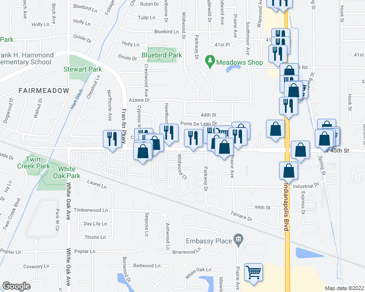 map of restaurants, bars, coffee shops, grocery stores, and more near 2003 Porte Deleau Court in Highland