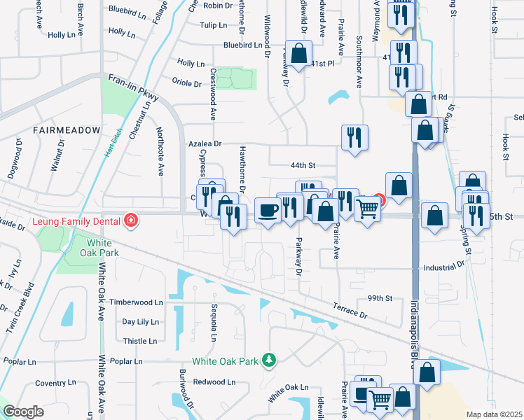 map of restaurants, bars, coffee shops, grocery stores, and more near 2003 Porte Deleau Court in Highland