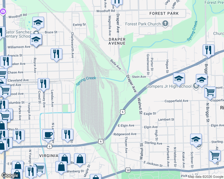 map of restaurants, bars, coffee shops, grocery stores, and more near in Joliet