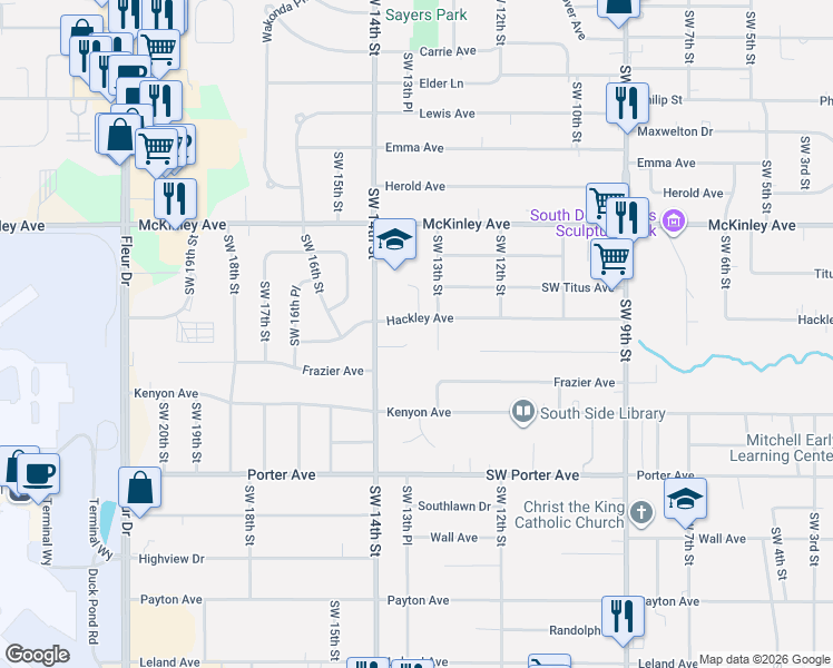 map of restaurants, bars, coffee shops, grocery stores, and more near 1328 Hackley Avenue in Des Moines
