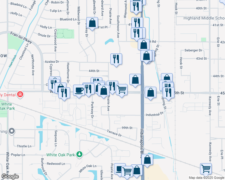 map of restaurants, bars, coffee shops, grocery stores, and more near 2203 45th Street in Highland