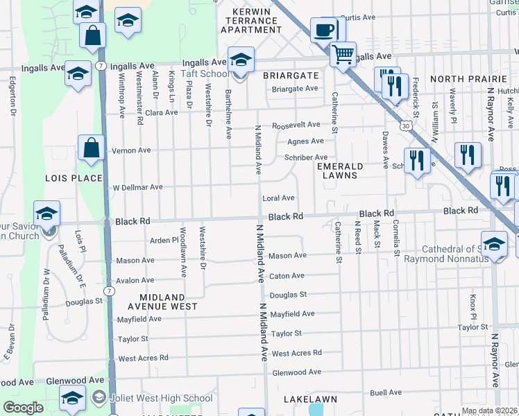 map of restaurants, bars, coffee shops, grocery stores, and more near 805 North Midland Avenue in Joliet