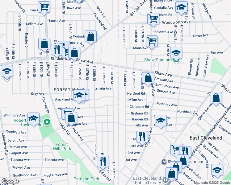 map of restaurants, bars, coffee shops, grocery stores, and more near 709 East 131st Street in Cleveland