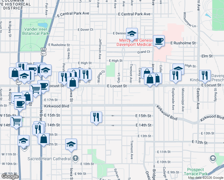 map of restaurants, bars, coffee shops, grocery stores, and more near 1816 Davenport Avenue in Davenport