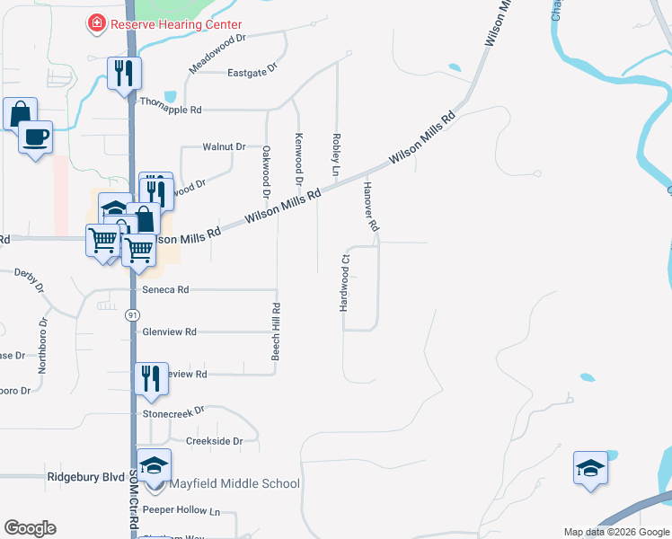 map of restaurants, bars, coffee shops, grocery stores, and more near 824 Hardwood Court in Gates Mills