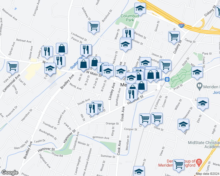 map of restaurants, bars, coffee shops, grocery stores, and more near 35 Linsley Avenue in Meriden