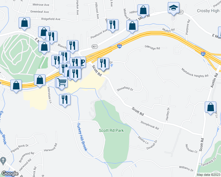 map of restaurants, bars, coffee shops, grocery stores, and more near 214 Scott Road in Waterbury