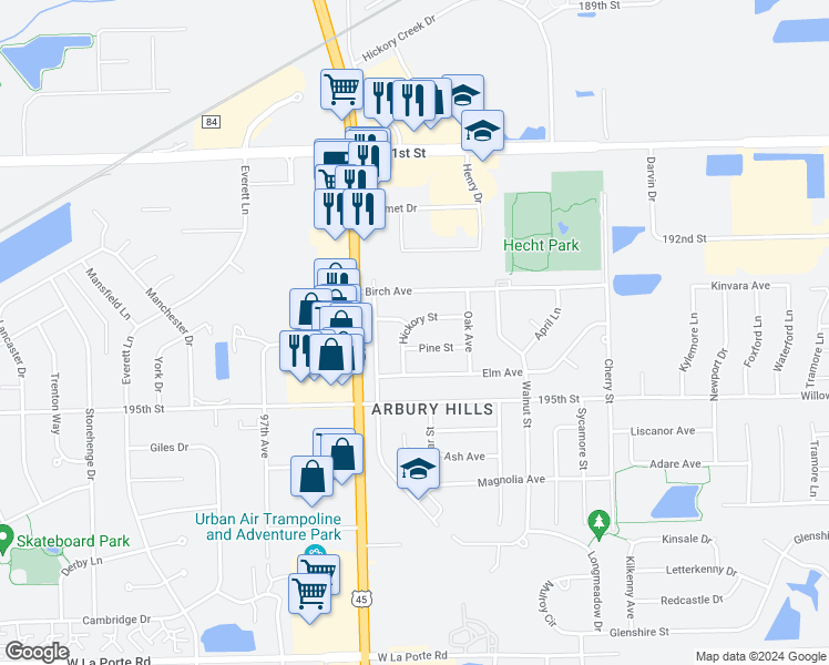 map of restaurants, bars, coffee shops, grocery stores, and more near 9505 Hickory Street in Mokena