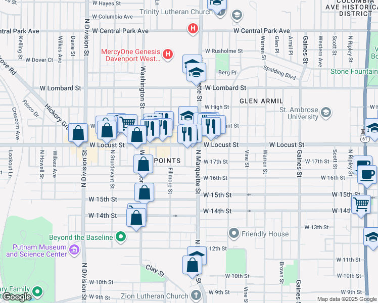 map of restaurants, bars, coffee shops, grocery stores, and more near 1323 Locust Street in Davenport