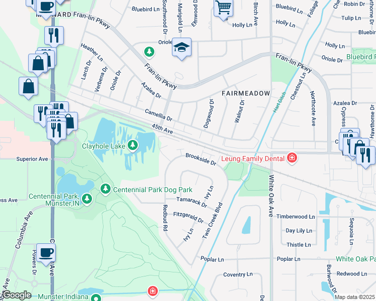 map of restaurants, bars, coffee shops, grocery stores, and more near 1305 Brookside Drive in Munster