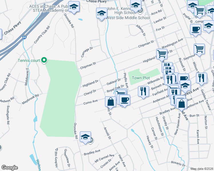 map of restaurants, bars, coffee shops, grocery stores, and more near 73 Oakleaf Drive in Waterbury