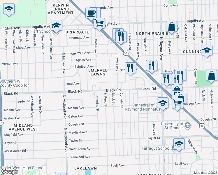 map of restaurants, bars, coffee shops, grocery stores, and more near 1103 Black Road in Joliet