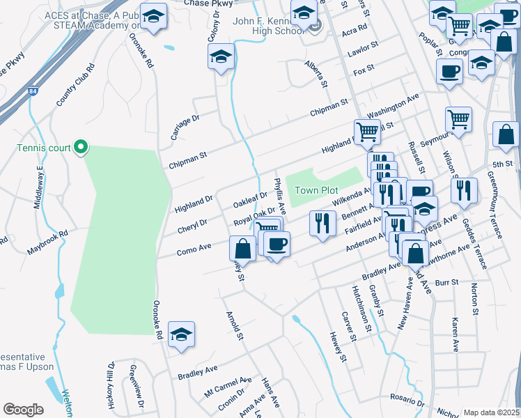 map of restaurants, bars, coffee shops, grocery stores, and more near 79 Royal Oak Drive in Waterbury