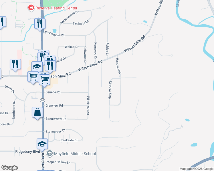 map of restaurants, bars, coffee shops, grocery stores, and more near 824 Hardwood Court in Gates Mills