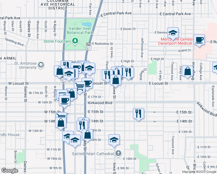 map of restaurants, bars, coffee shops, grocery stores, and more near 313 East Locust Street in Davenport