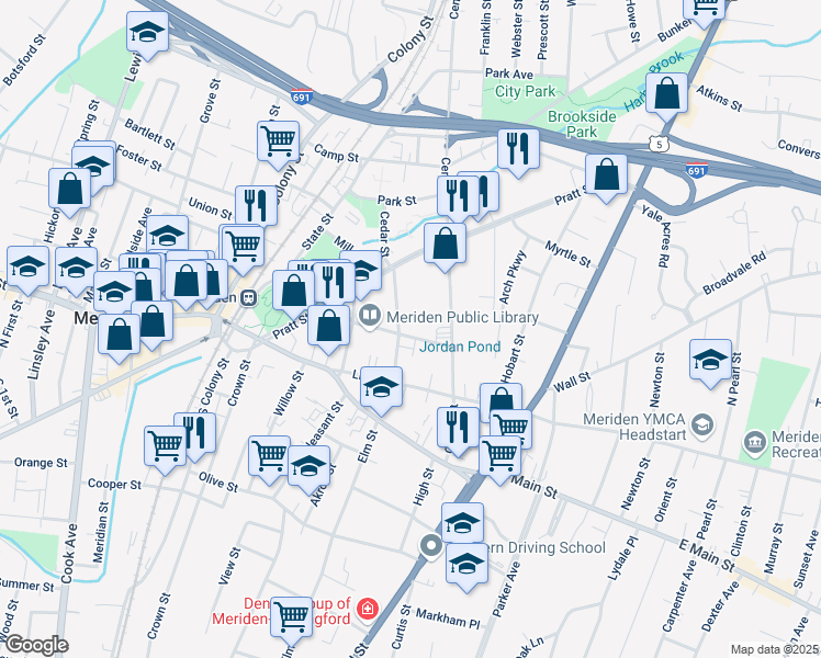 map of restaurants, bars, coffee shops, grocery stores, and more near 144 Miller Street in Meriden