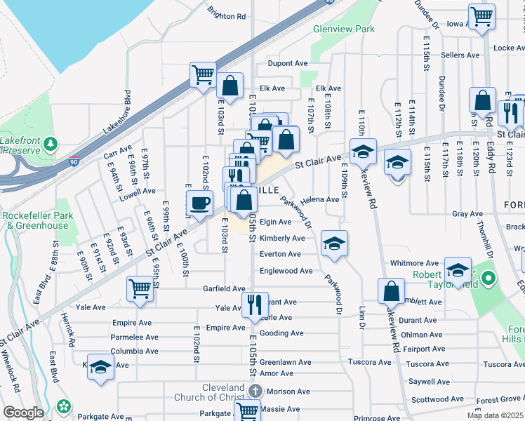 map of restaurants, bars, coffee shops, grocery stores, and more near 10504 Helena Avenue in Cleveland
