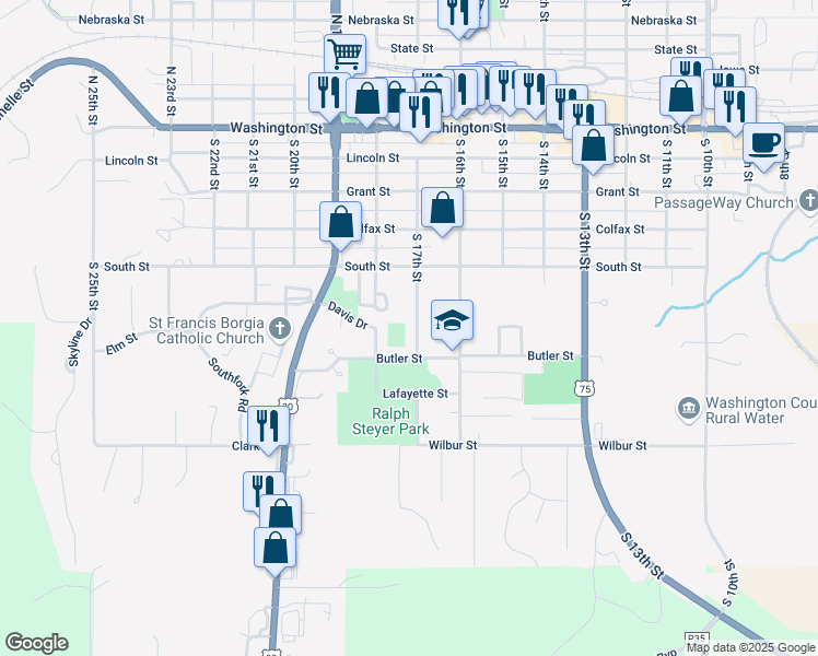 map of restaurants, bars, coffee shops, grocery stores, and more near 615 South 17th Street in Blair