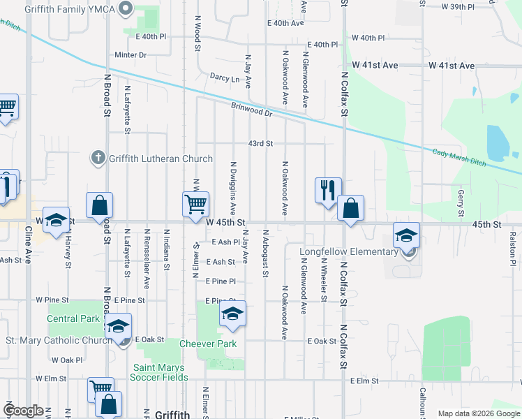 map of restaurants, bars, coffee shops, grocery stores, and more near 923 North Jay Avenue in Griffith
