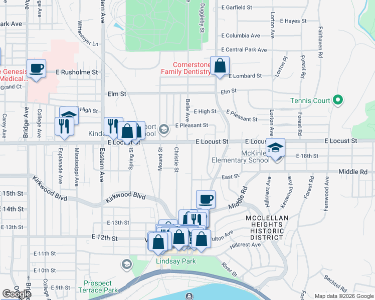 map of restaurants, bars, coffee shops, grocery stores, and more near in Davenport