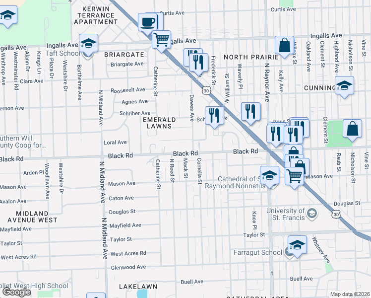 map of restaurants, bars, coffee shops, grocery stores, and more near 1103 Black Rd in Joliet
