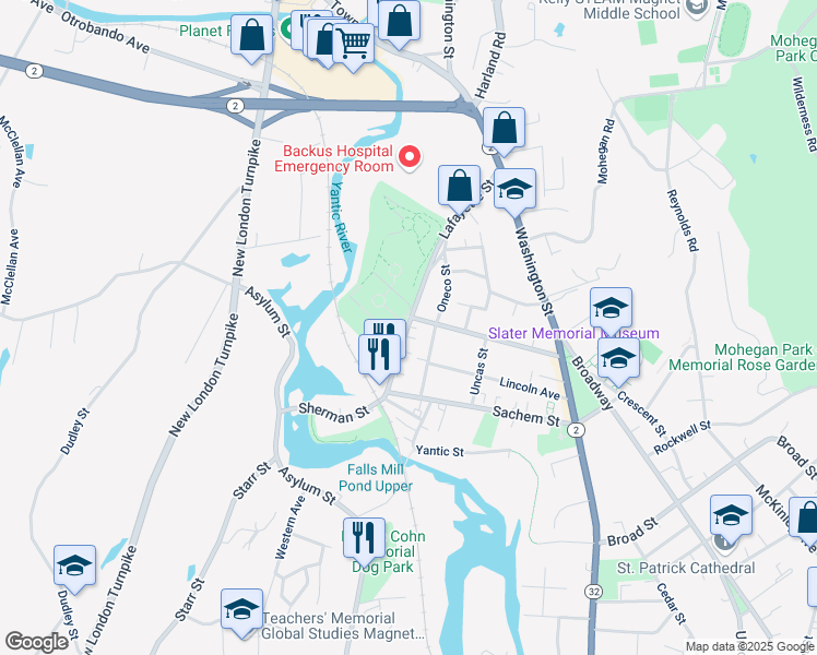 map of restaurants, bars, coffee shops, grocery stores, and more near 67 Lafayette Street in Norwich