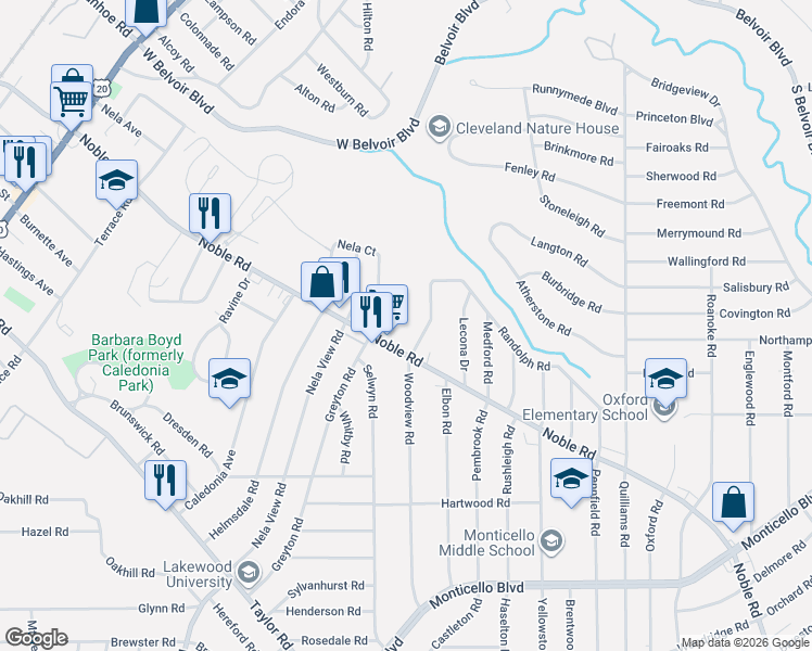 map of restaurants, bars, coffee shops, grocery stores, and more near 2227 Noble Road in Cleveland Heights