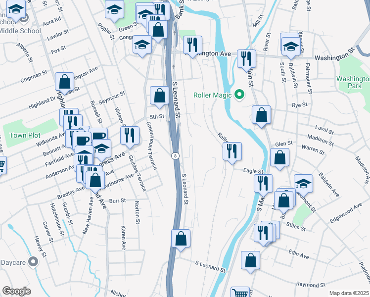 map of restaurants, bars, coffee shops, grocery stores, and more near 281 South Leonard Street in Waterbury