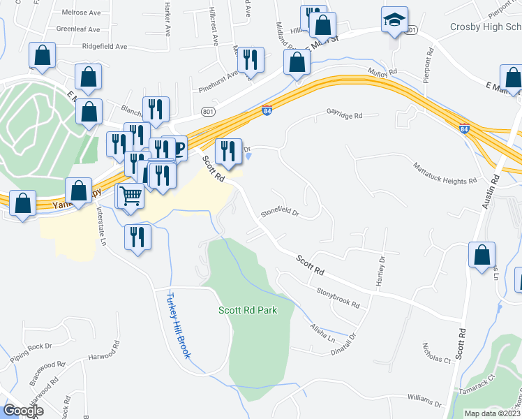 map of restaurants, bars, coffee shops, grocery stores, and more near 219 Scott Road in Waterbury
